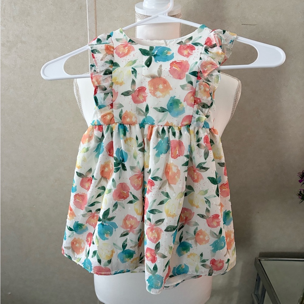 Girls Floral Ruffle Sleeve Dress - White with Pink, Blue & Yellow Blooms